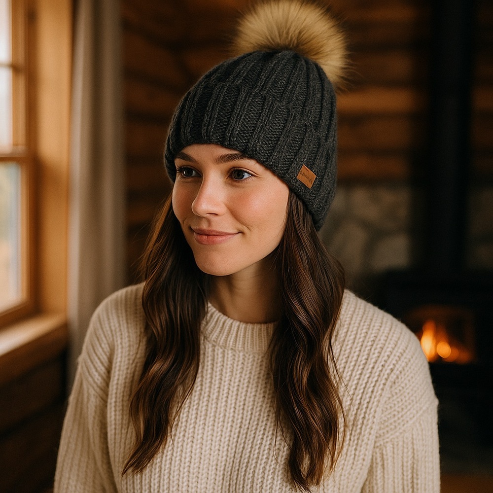 Bula Sam Black Wool Blend Beanie with Faux Fur Pom — Made in Canada
